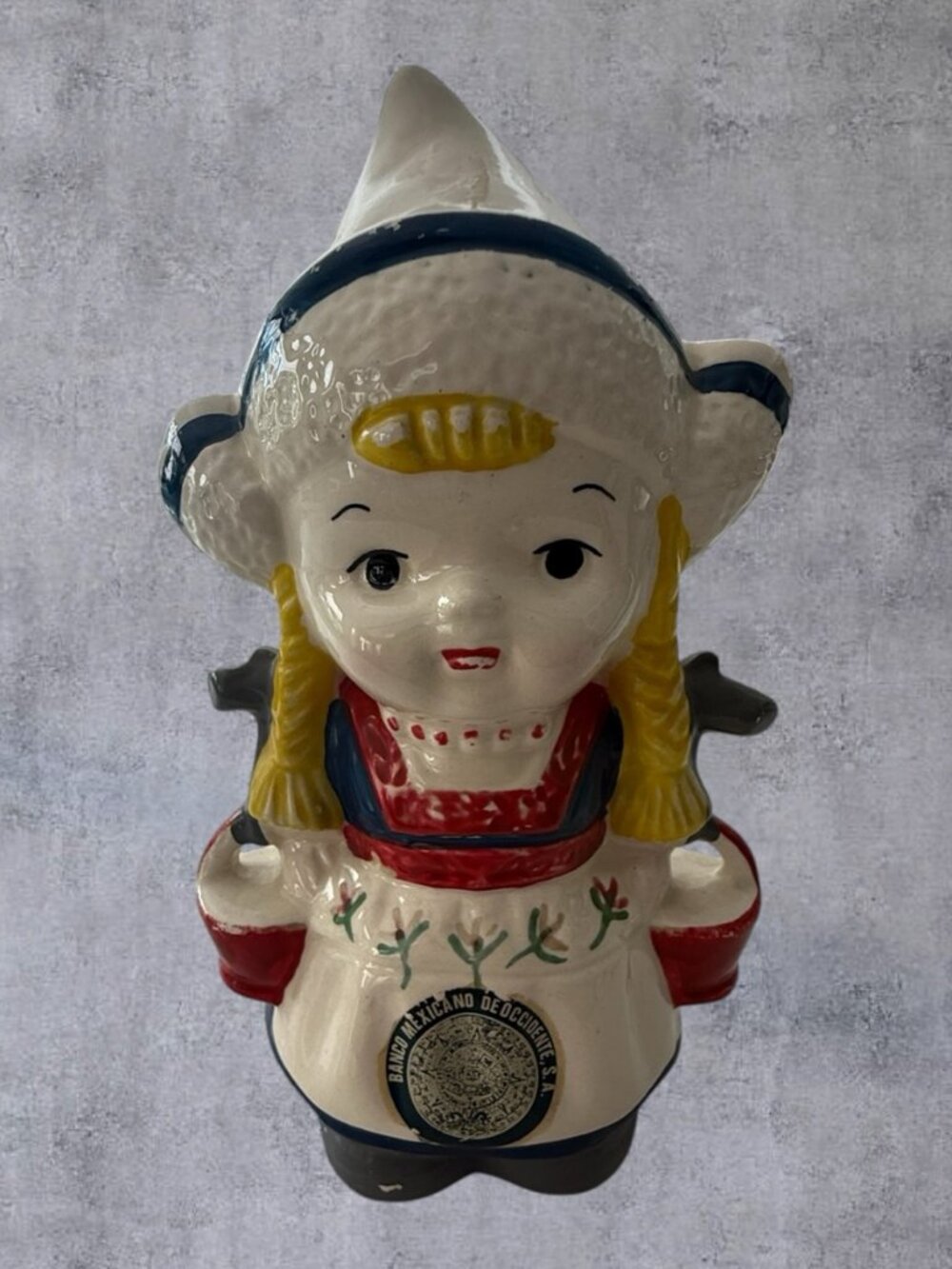 Vintage Banco Mexicano de Occidente Dutch Girl Ceramic Coin Bank Hand Painted